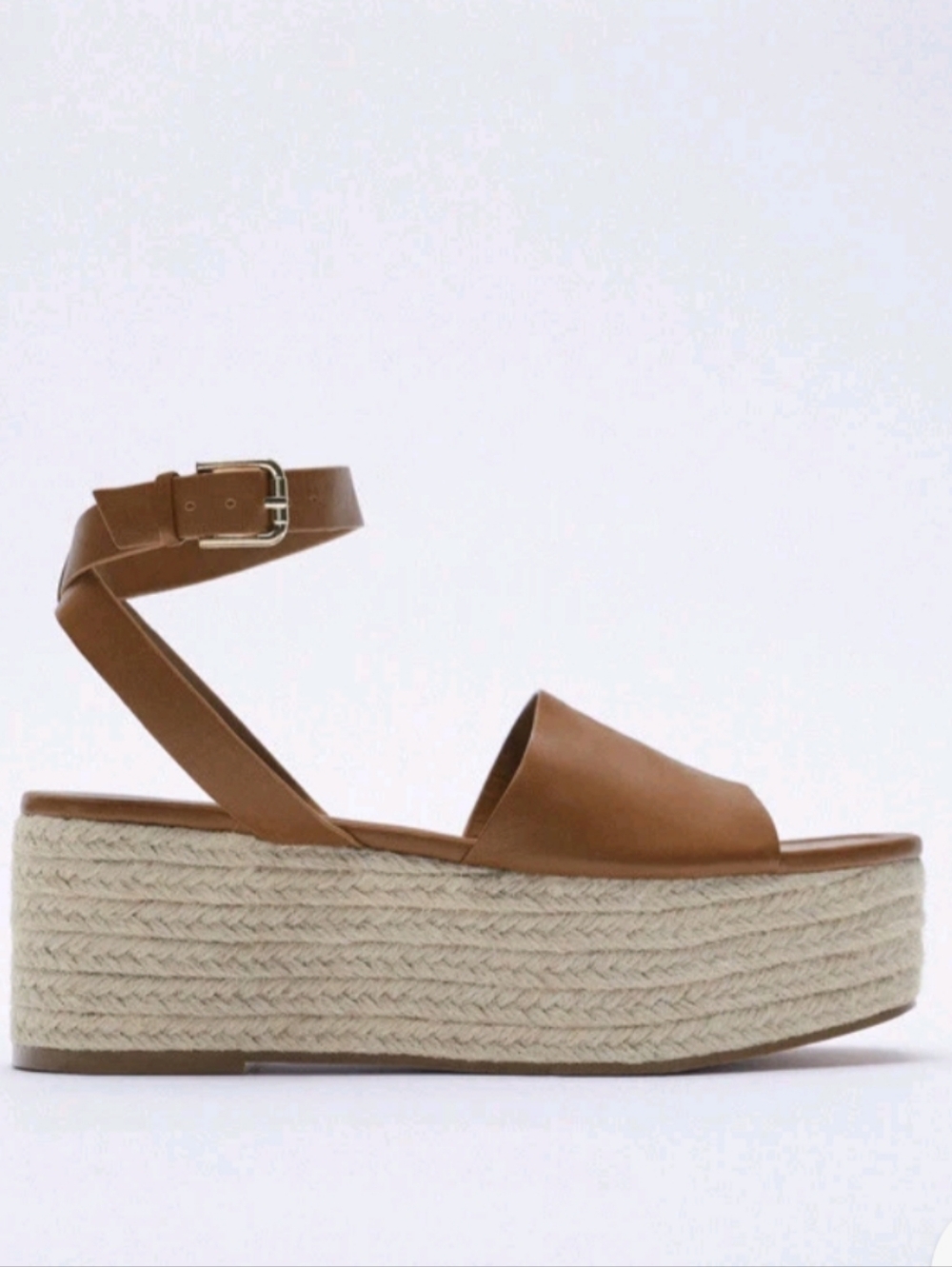 Zara Caramel Leather Espadrille Platform Sandal Us 8 Euc